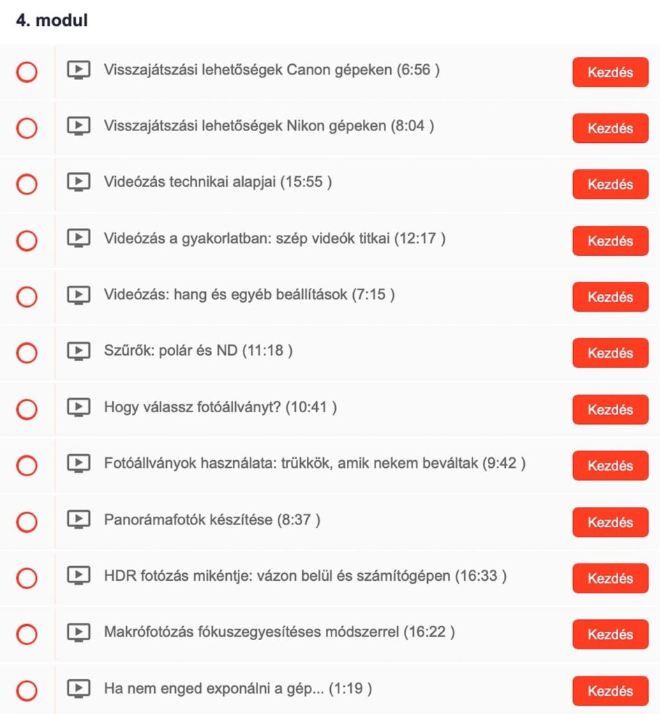 fotózás online tanfolyam tartalom jegyzék